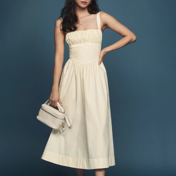 By Anthropologie Drop-Waist Ruched Midi Dress